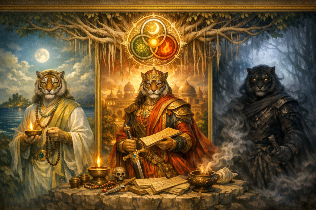 Fantasy triptych of anthropomorphic big cats: a crowned tiger king with scrolls and a jeweled sword between a robed monk tiger and a shadowy panther; palace, moonlit sea, incense, and sigil.