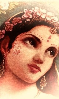 Sepia-toned painting of a woman with flower garland, forehead bindi, delicate face paint, and dangling earrings, looking upward against a soft background in a moment of quiet devotion.