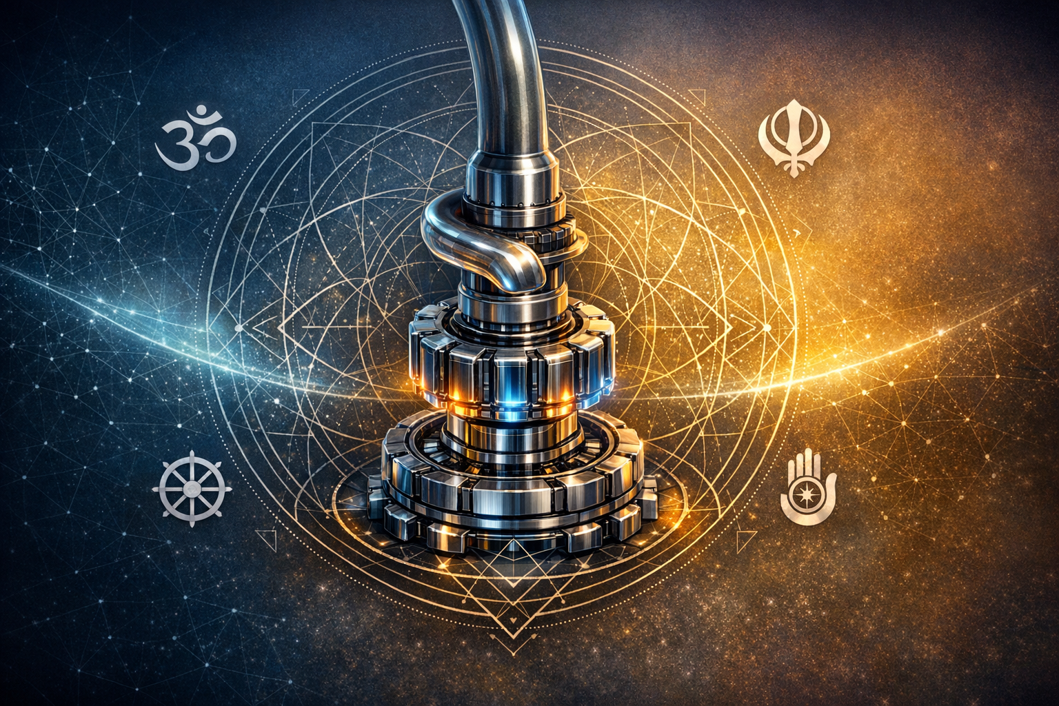 Polished metal gears and a curved pipe form a central column within a glowing mandala and starfield, flanked by Om, Dharma wheel, Khanda, and Jain hand icons—blending AI, ethics, and sacred geometry.