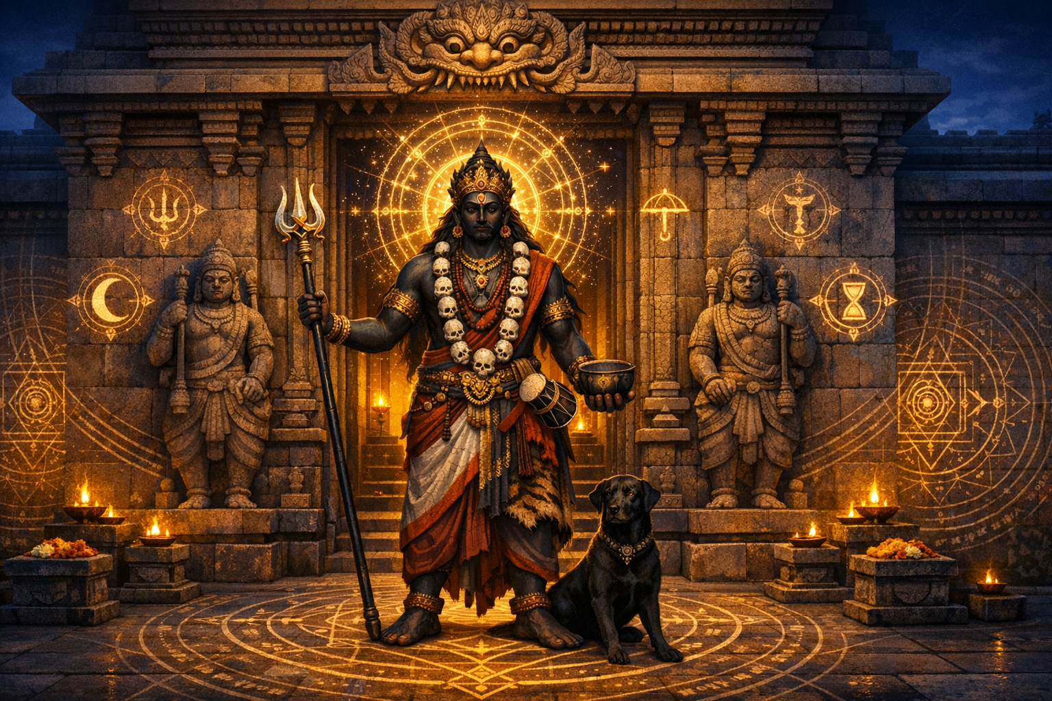 Digital illustration of Bhairava, fierce form of Shiva, at a carved stone temple door; he holds a trident and skull bowl, wears a skull mala and damaru, amid glowing yantras, with a black dog at his feet.