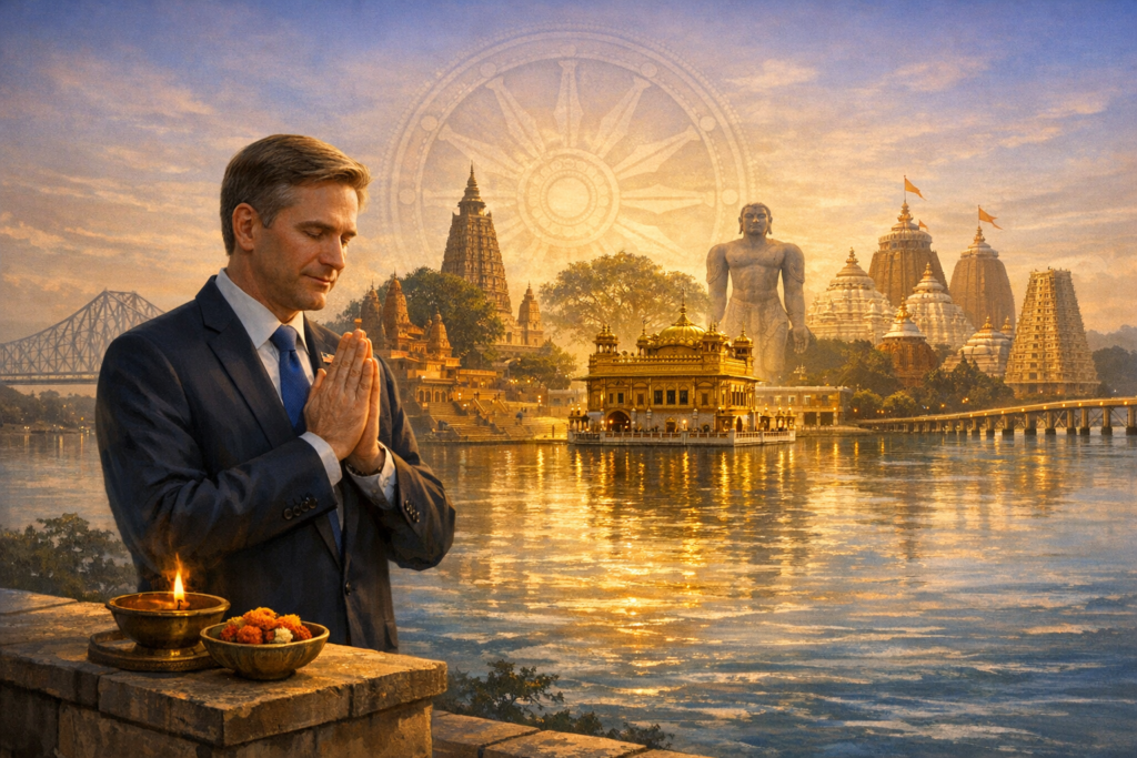 A suited visitor in prayer at a river shrine at sunset, facing a montage of Indian landmarks—gilded temple, tall gopurams, stone statue, and bridge—evoking India’s culture, heritage and spirituality.