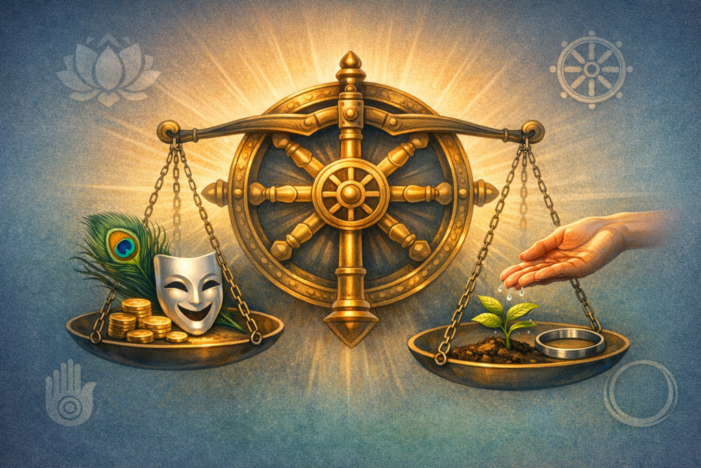 Golden scales before a radiant Dharma wheel weigh coins, a peacock feather and mask against a hand watering a seedling, symbolizing ethics, sustainability, values, and mindful decision-making.