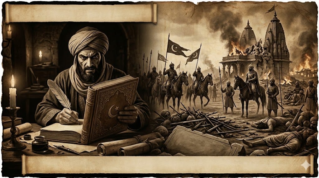 Sepia illustration of a medieval Muslim chronicler at a desk with quill and crescent-marked tome, juxtaposed with cavalry and a burning temple, evoking conquest, historiography, and memory.