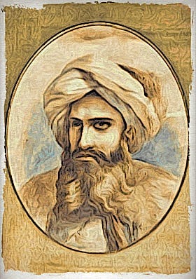 Illustrated portrait of a medieval chronicler wearing a turban and beard, rendered in sepia on aged parchment within an oval frame, evoking manuscript art and Islamic historiography.