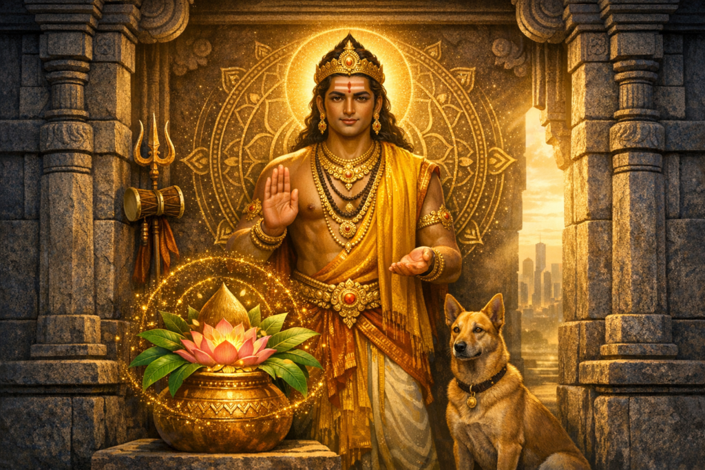 Golden illustration of a Hindu deity giving a blessing beside a dog, framed by a stone temple. A glowing kalash with lotus and leaves floats before the figure; trident, damaru, and mandala halo.