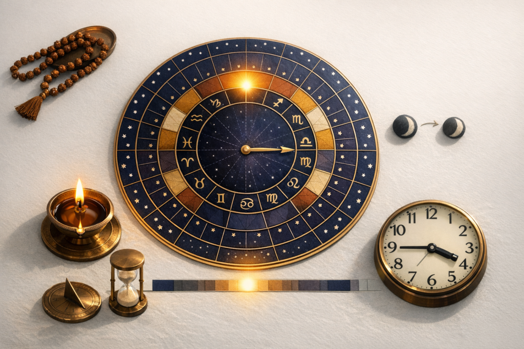 Top-down scene with a blue-and-gold zodiac wheel, brass clock, hourglass, oil lamp, prayer beads, and moon-phase icons, illustrating astrology, horoscope timing, and lunar cycles.