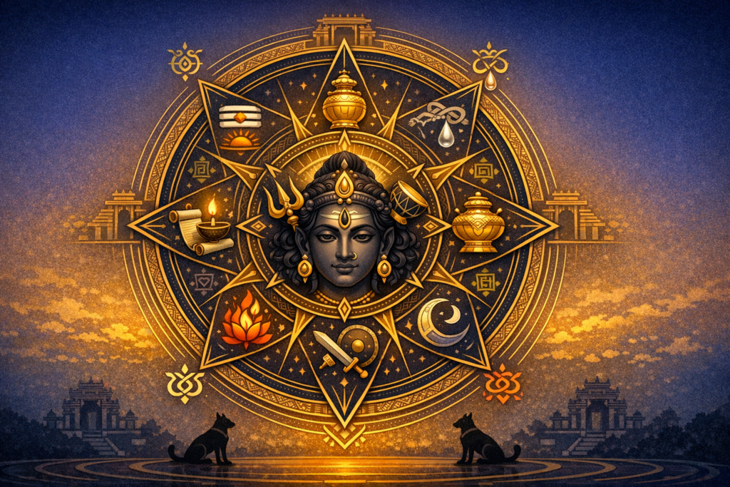 Ornate mandala of a Hindu deity resembling Shiva, in gold and blue, encircled by trident, damaru, crescent moon, diya, lotus flame, kalash, sword and shield; distant temples and two dogs below.