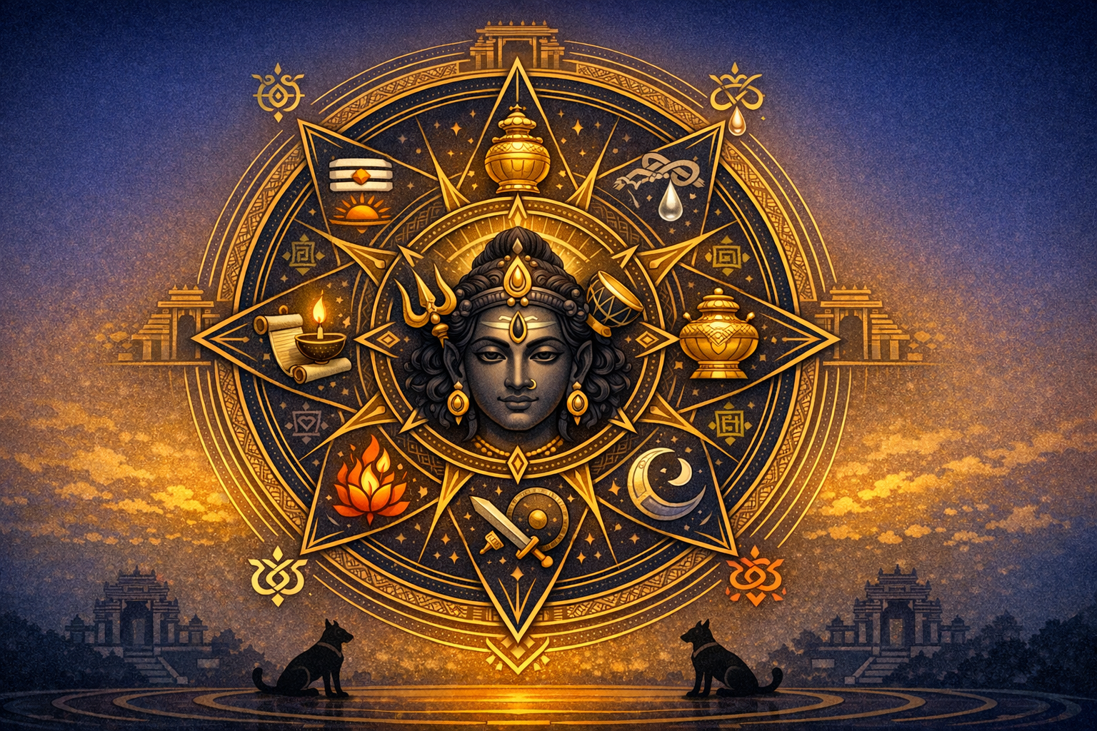Ornate mandala of a Hindu deity resembling Shiva, in gold and blue, encircled by trident, damaru, crescent moon, diya, lotus flame, kalash, sword and shield; distant temples and two dogs below.