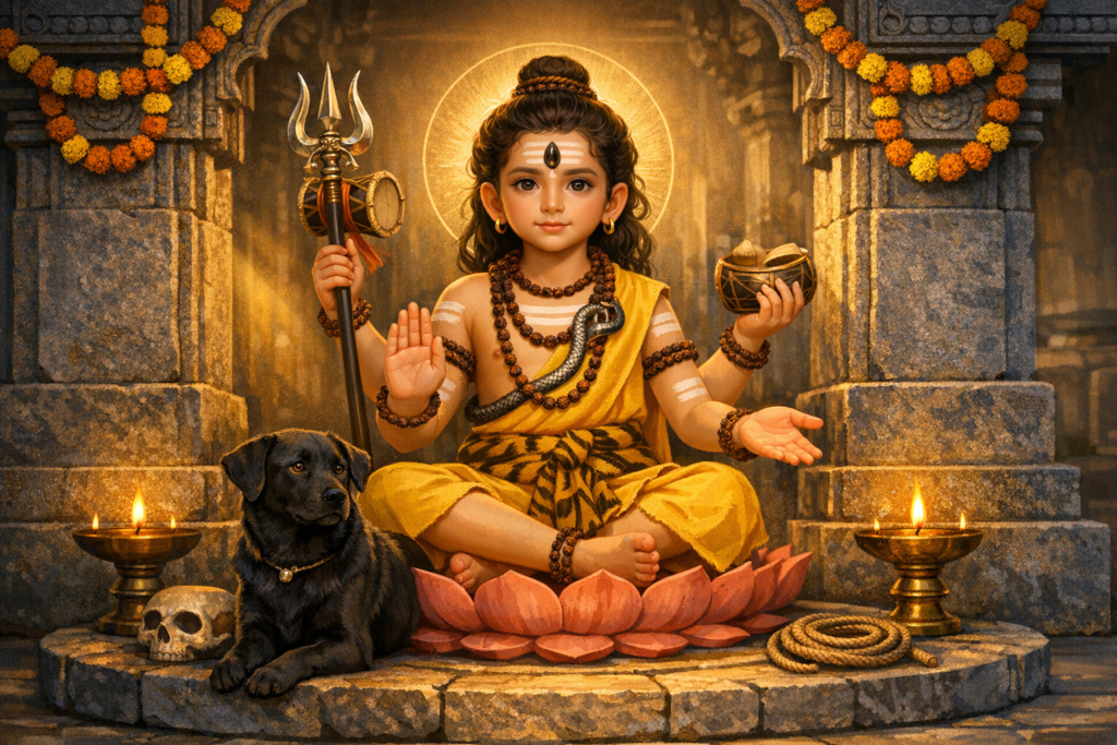 Child Lord Shiva (Bala Bhairava) sits on a lotus in a stone temple, holding trident and damaru, snake on shoulder; black dog, oil lamps, marigold garlands and a skull complete this Hindu scene.