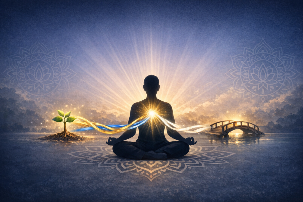 Digital illustration of a silhouette meditating on a mandala by tranquil water at sunrise, a heart-centered glow linking a young plant on the left to an arched bridge on the right for mindfulness.