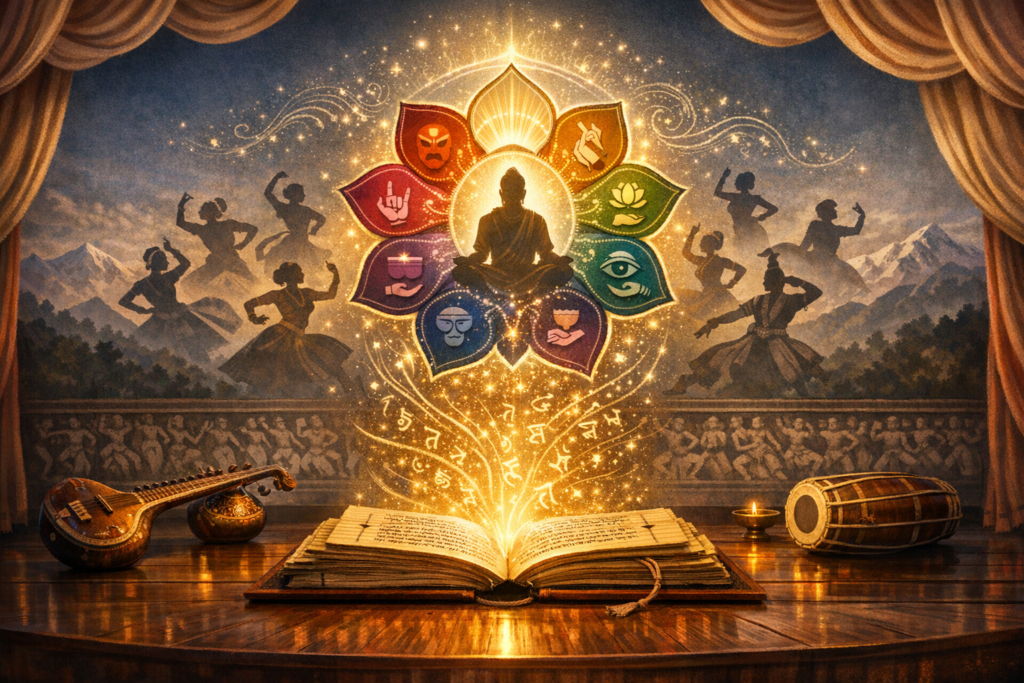 On a stage, an open palm‑leaf Sanskrit manuscript glows, sending letters into a lotus around a meditating figure; icons show masks and mudras, with silhouettes, veena and drum—Indian performing arts.