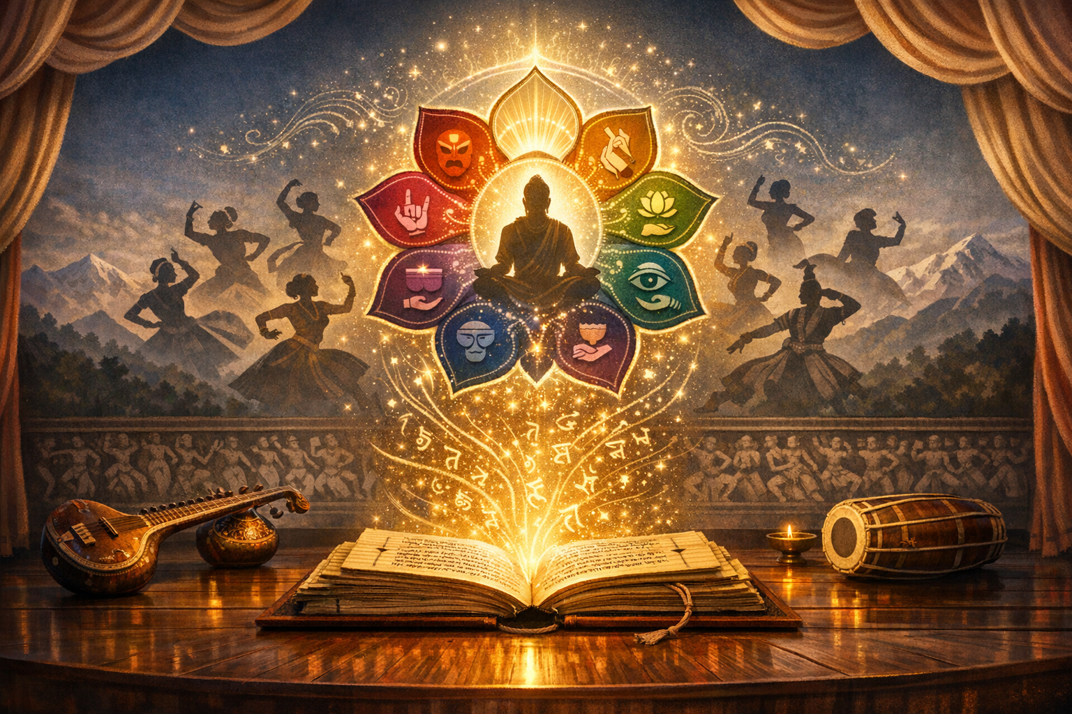 On a stage, an open palm‑leaf Sanskrit manuscript glows, sending letters into a lotus around a meditating figure; icons show masks and mudras, with silhouettes, veena and drum—Indian performing arts.
