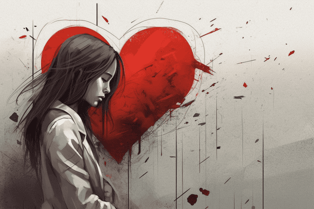 Illustrated woman with downcast gaze stands before a large red heart, fragments scattering around, symbolizing emotional overwhelm and boundary setting in love & relationships for a reflective blog.