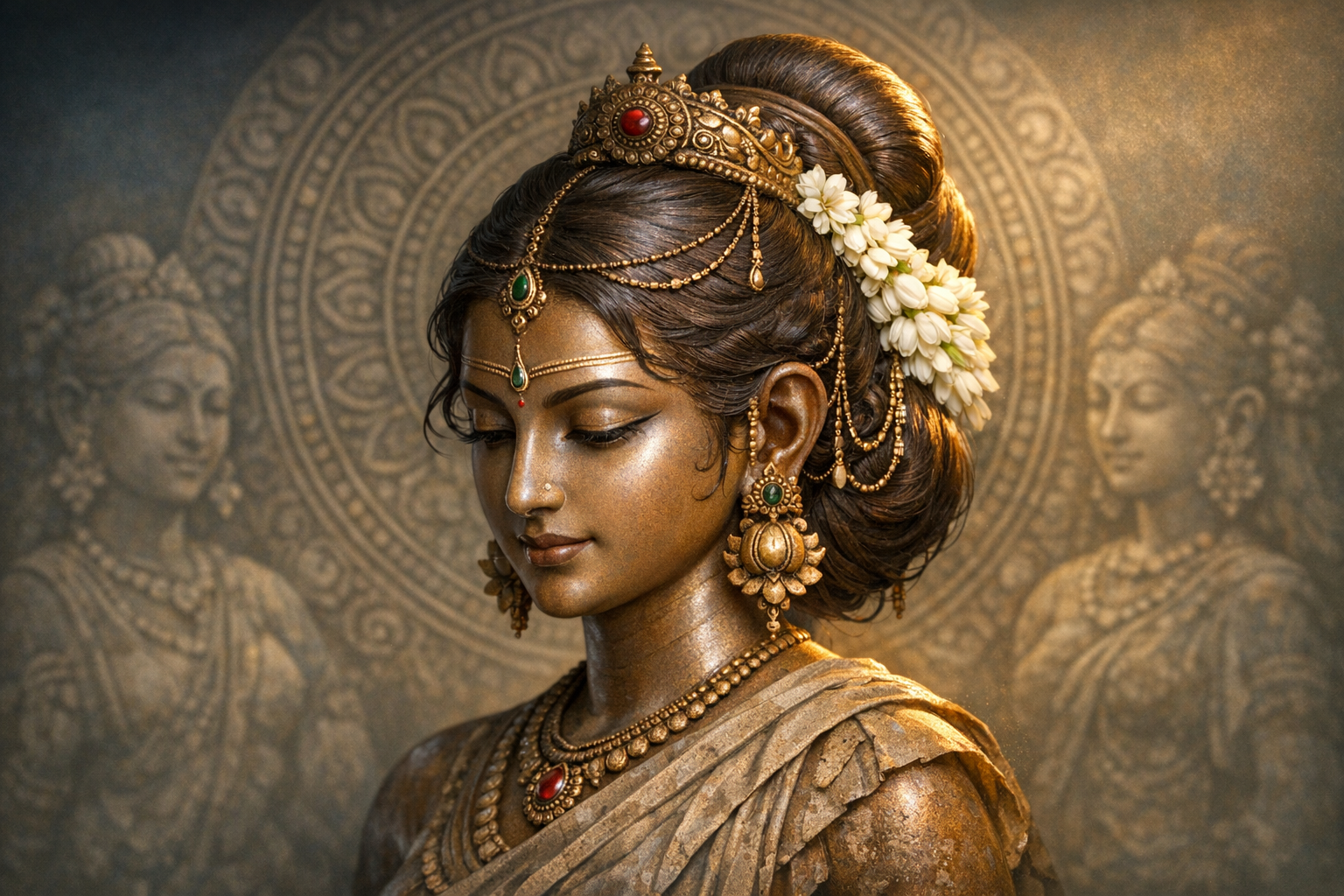 Bronze-style sculpture of a serene Hindu goddess in profile, adorned with gold jewelry, emerald and ruby stones, jasmine flowers, and a carved halo, set before a patterned Indian temple mural.