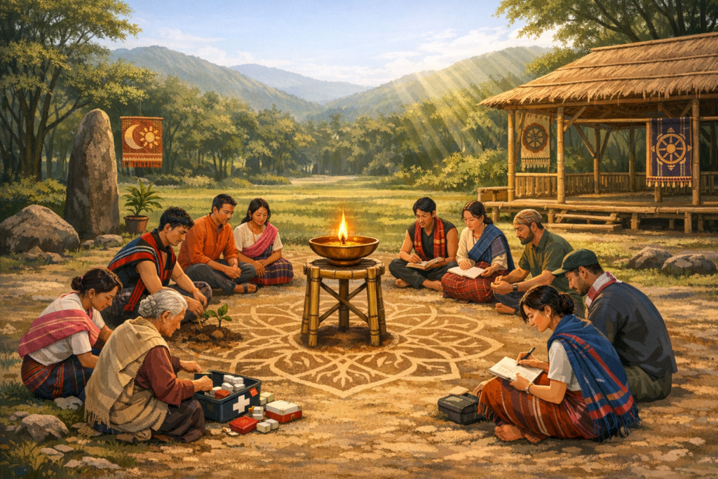 Illustrated rural community learning circle where a group sit around a small flame on a bamboo stand atop a geometric earth design, reading, taking notes, and planting a sapling beside a thatched pavilion in a sunlit clearing.
