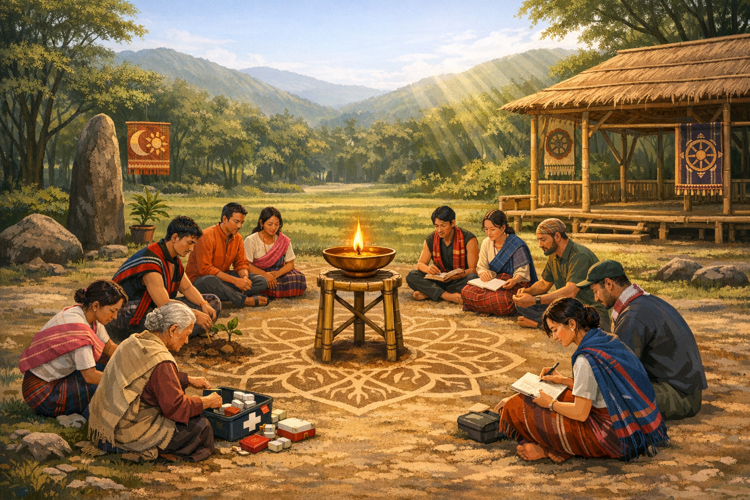 Illustrated rural community learning circle where a group sit around a small flame on a bamboo stand atop a geometric earth design, reading, taking notes, and planting a sapling beside a thatched pavilion in a sunlit clearing.