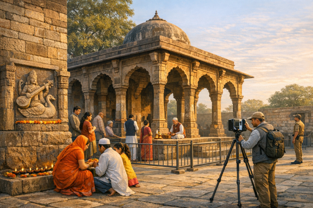 Sunlit stone pavilion at a historic temple, with visitors offering flowers and lighting oil lamps near a veena-playing deity relief, while a photographer records the site on a tripod camera.