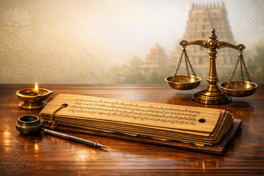 Palm‑leaf manuscript with Indic script beside brass scales of justice, ink pot, stylus, and a lit oil lamp; a distant temple suggests ancient law, dharma, and jurisprudence in {post.categories}