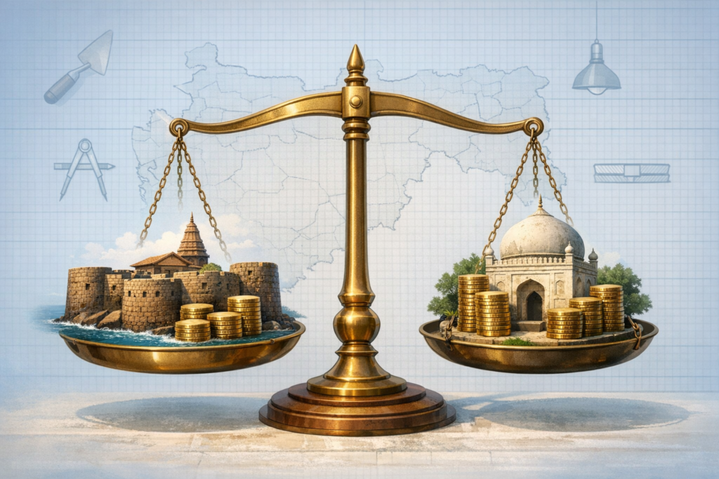 Brass balance scale with coins weighs a coastal stone fort against a Mughal-style domed mausoleum, set before a faint map of India and drafting icons, illustrating heritage funding.