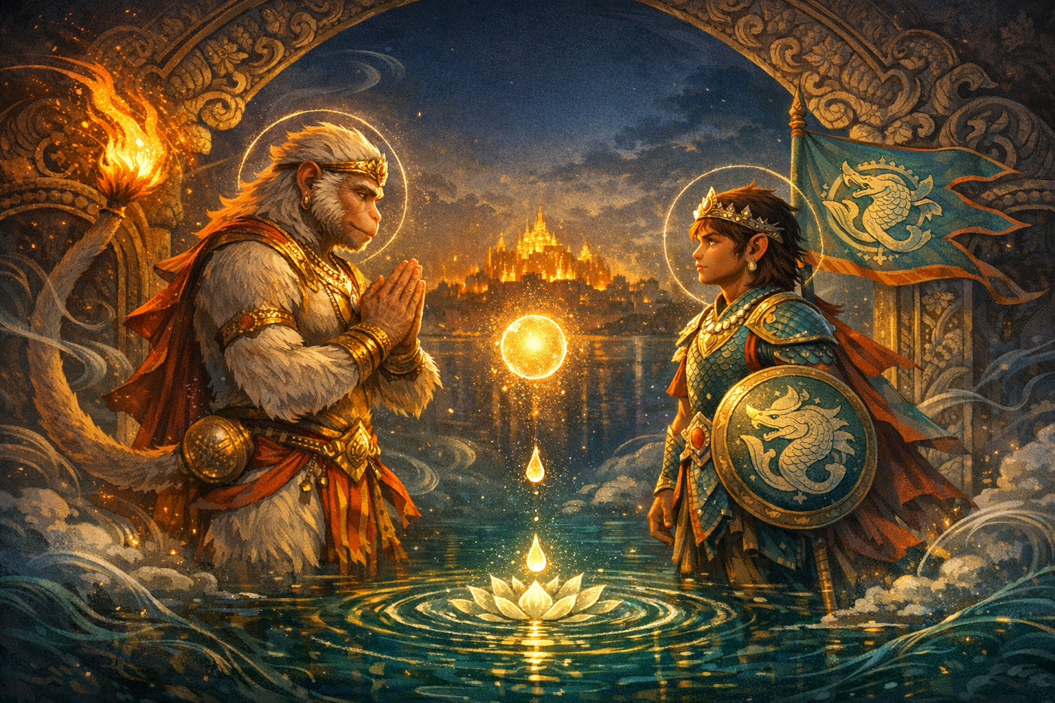 Ornate fantasy scene of a furry simian guardian and a young armored hero facing across glowing water, halos bright, a lotus and falling light orbs before a distant golden citadel at dusk.