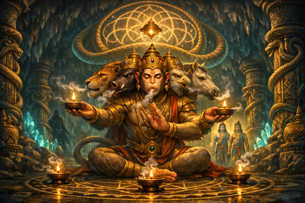 Digital illustration of Hindu deity Panchamukhi Hanuman meditating in a cave temple; five faces—lion, boar, eagle, horse, monkey—while he holds oil lamps; sacred geometry glows overhead.