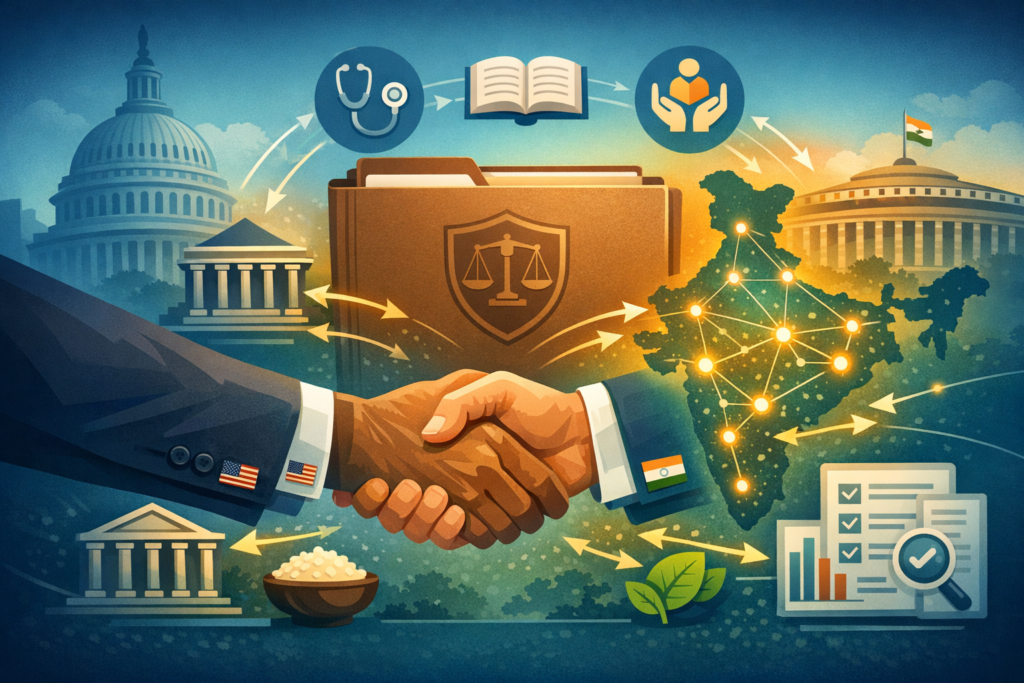 US-India handshake between the Capitol and India’s Parliament, surrounded by icons for justice, healthcare, education, welfare, agriculture, and data, illustrating {post.categories} collaboration.