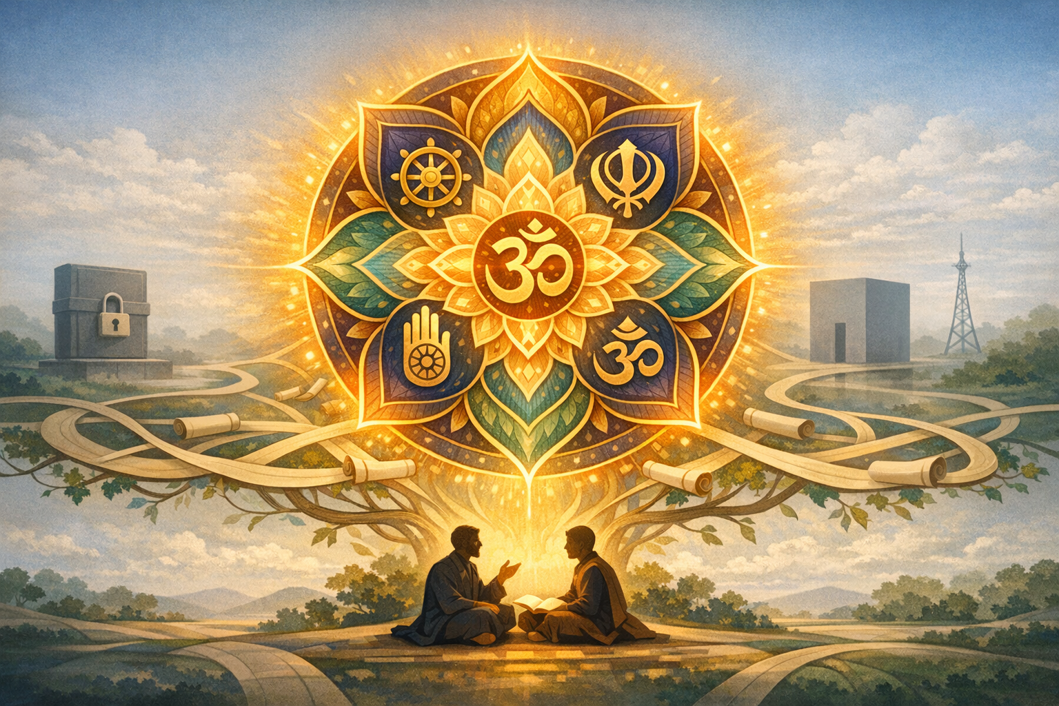 Radiant mandala with Om at center, flanked by Dharma wheel, Khanda, Jain hand, and Om symbols above two people studying under a tree as flowing scrolls arc across paths, evoking interfaith spirituality.