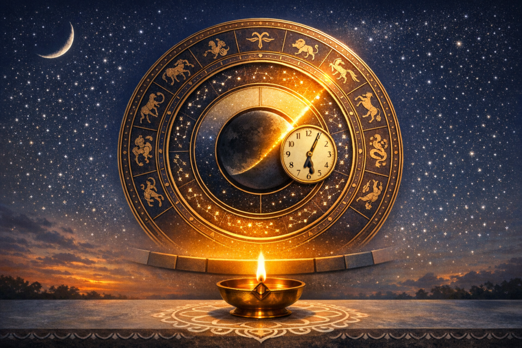 Starry night with a golden zodiac wheel, crescent moon, and small clock near midnight over a half-lit lunar disk; below, a glowing oil lamp on a patterned ledge—astrology, zodiac, horoscope.