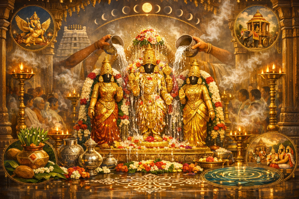 Three gold-clad deity statues, wreathed in jasmine and marigolds, are bathed during an abhishekam in an Indian temple, amid brass lamps, silver vessels, a kolam floor, and a lunar motif.