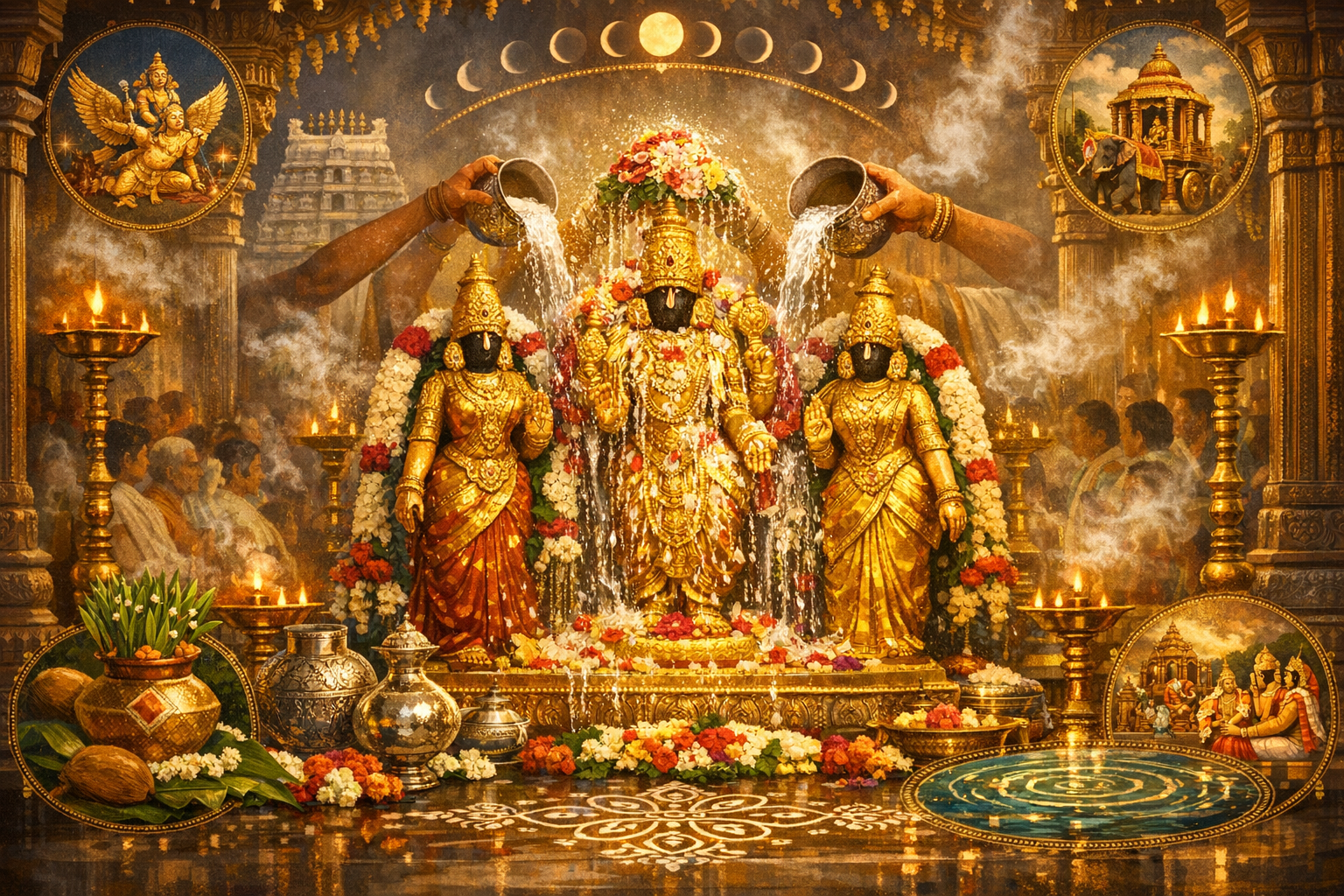 Three gold-clad deity statues, wreathed in jasmine and marigolds, are bathed during an abhishekam in an Indian temple, amid brass lamps, silver vessels, a kolam floor, and a lunar motif.