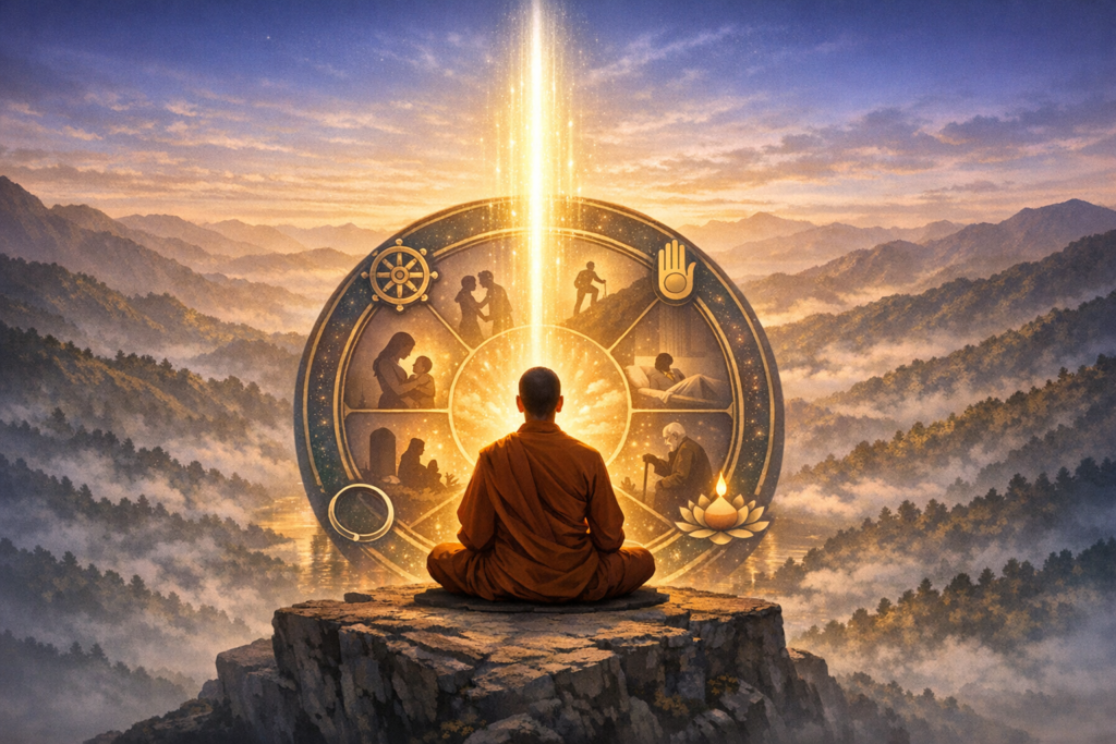 Buddhist monk in orange robes meditates mindfully on a cliff at sunrise before a glowing Wheel of Life, with symbols of love, work, illness, aging, and compassion; golden light ascends over misty mountain valleys.