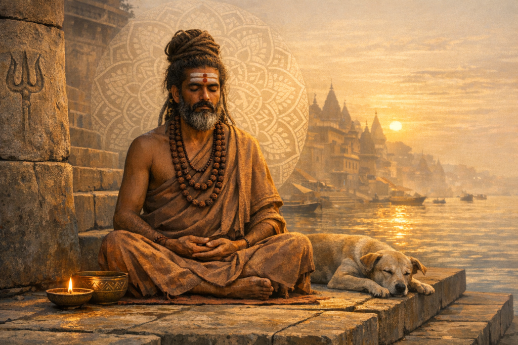 A robed man in meditation, mindfulness, and yoga, cross-legged on ghats by a river at sunrise; beads, an oil lamp and bowls, a sleeping dog beside him, temples and boats fading into mist.