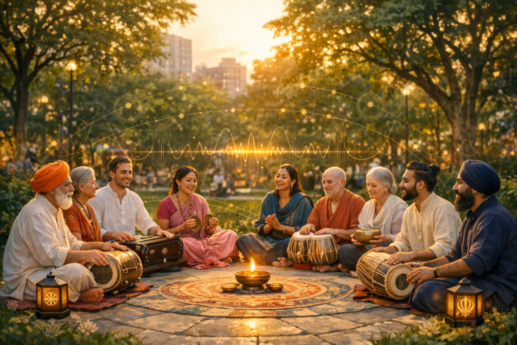 Community kirtan at sunset in a city park: people sit in a circle, singing mantra with harmonium, tabla, and hand drums around a small diya, with waveforms visualizing meditation and sound healing.