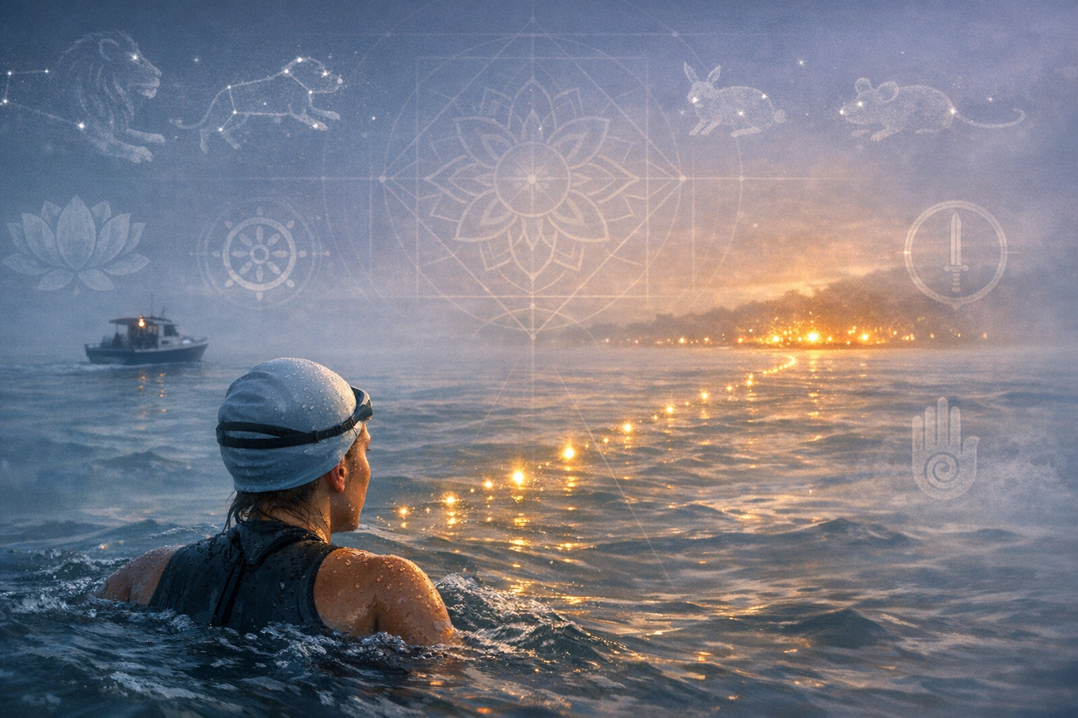 Open-water swimmer at dusk follows a glowing path toward a lit shoreline, with a support boat nearby and subtle zodiac, mandala, lotus, and dharma wheel symbols overlaying a misty sky.