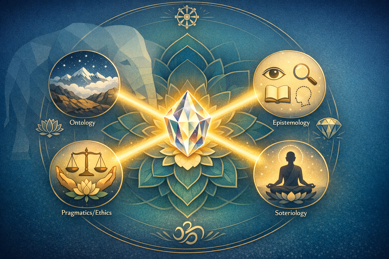 Faceted crystal on a teal lotus mandala emits golden rays to four labeled icons—Ontology, Epistemology, Pragmatics/Ethics, and Soteriology—illustrating an Indic philosophy map, {post.categories}