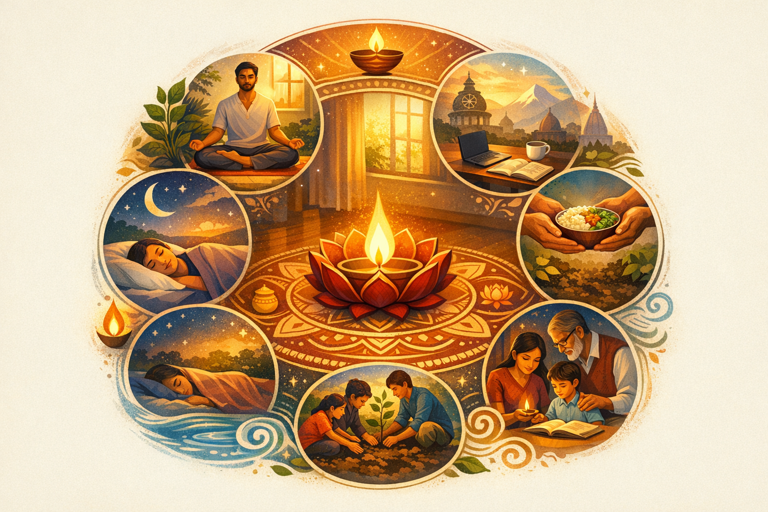 Diwali-inspired collage: a glowing diya on a lotus rangoli, surrounded by scenes of meditation, restful sleep, study, shared food, family reading, and tree planting—wellness, balance, and {post.categories}.