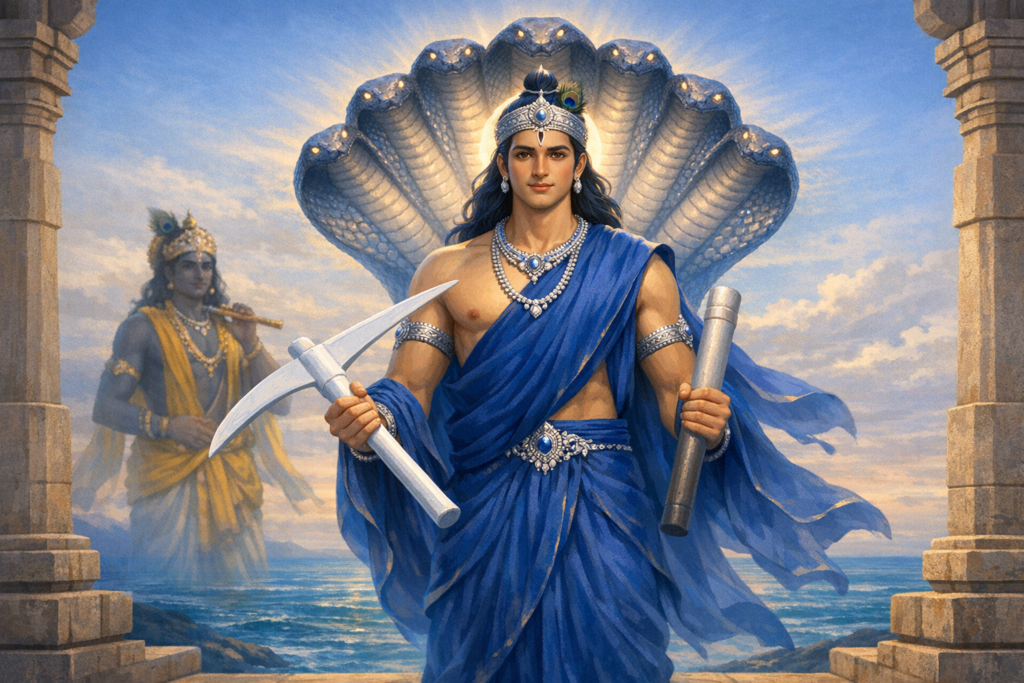Painting of Balarama in blue robes, jeweled and radiant, holding a plough and mace beneath the hood of Shesha Naga, with ocean and stone pillars; Krishna plays a flute in the misted background.