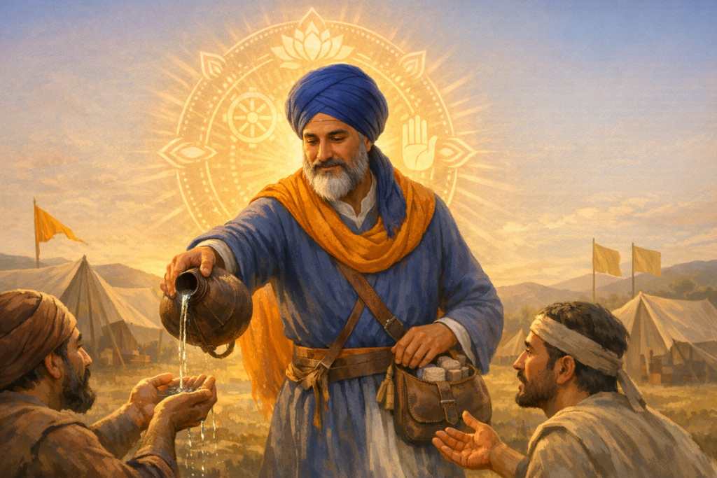 A turbaned elder in blue and saffron pours water from a clay jug into two men's cupped hands. A radiant mandala glows behind, with tents and flags nearby, evoking seva, compassion, and community care.