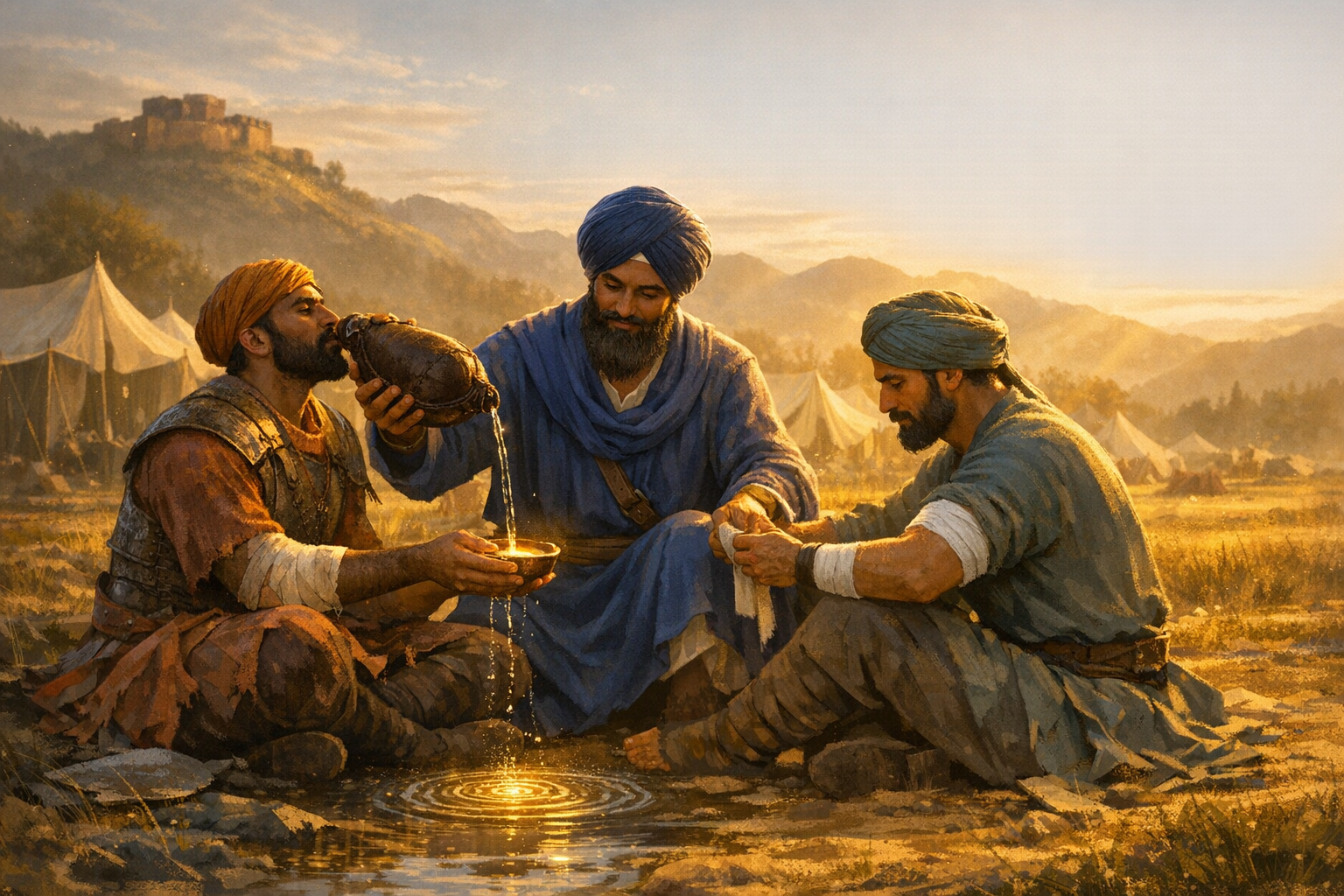 Sunrise illustration of three men in robes and turbans beside a shallow pool at a tented mountain camp; one pours water from a leather flask into a bowl as another bandages a hand.