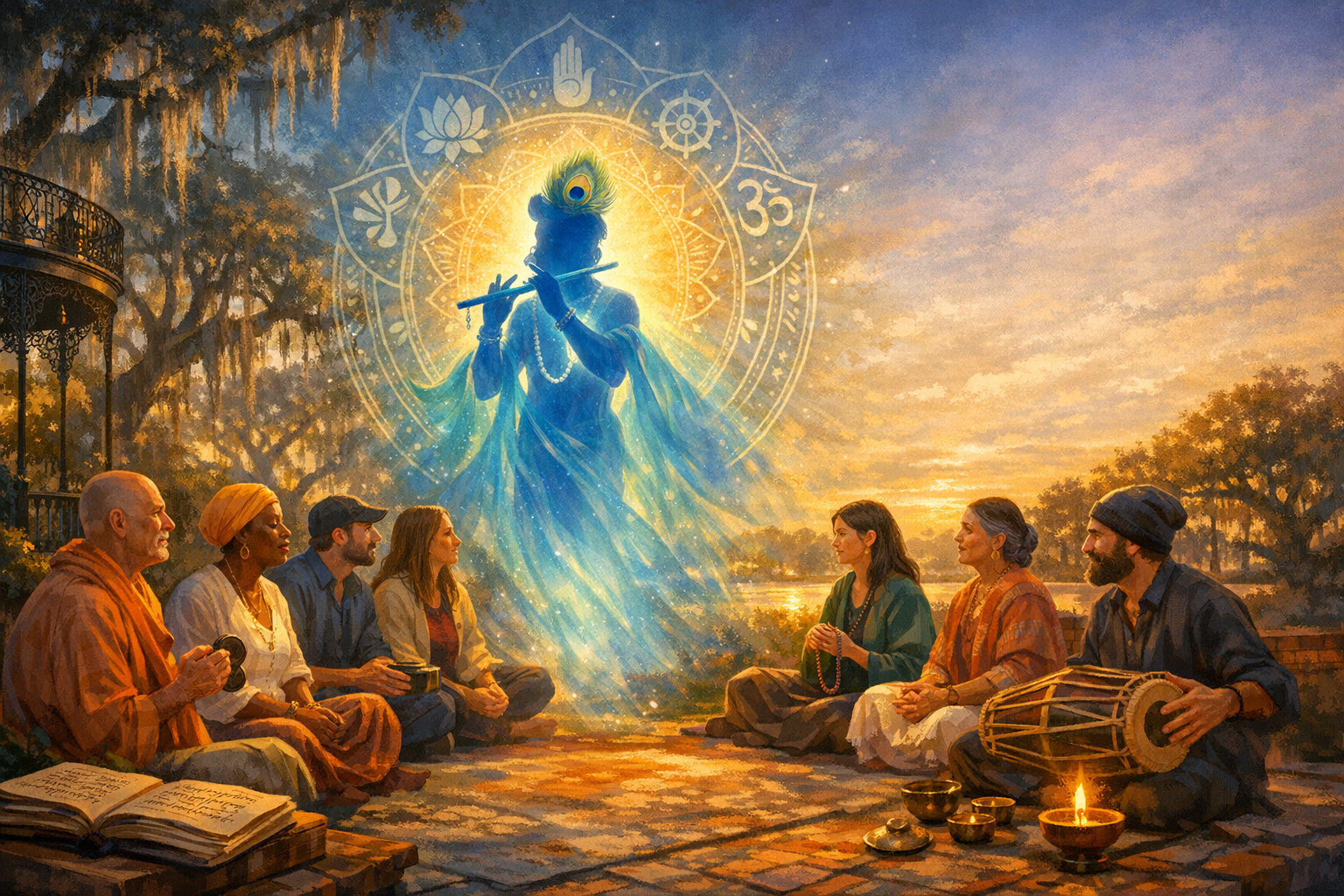 At sunset, a diverse group meditates in a brick courtyard, playing drum and cymbals, while an ethereal blue, flute‑playing deity with peacock feather and mandala halo radiates light.