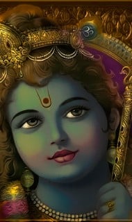 Close-up devotional painting of Lord Krishna with blue complexion, ornate golden crown, forehead tilaka, and jeweled earrings, for an A.C.B. Swami Prabhupada Articles post on a clear conception of God.