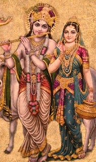 Traditional Hindu painting of Krishna playing a flute beside Radha holding a pot, with a cow behind them; ornate jewels and peacock-feather crown - image for a spiritual article on soulful devotion.