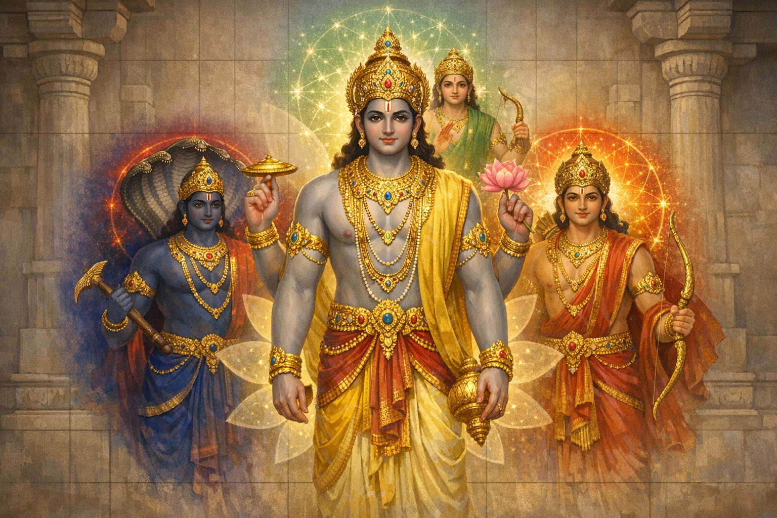 Painting of a crowned Hindu deity with lotus and vessel, flanked by archer and axe-bearing figures beneath a serpent canopy, with glowing mandalas and temple pillars.