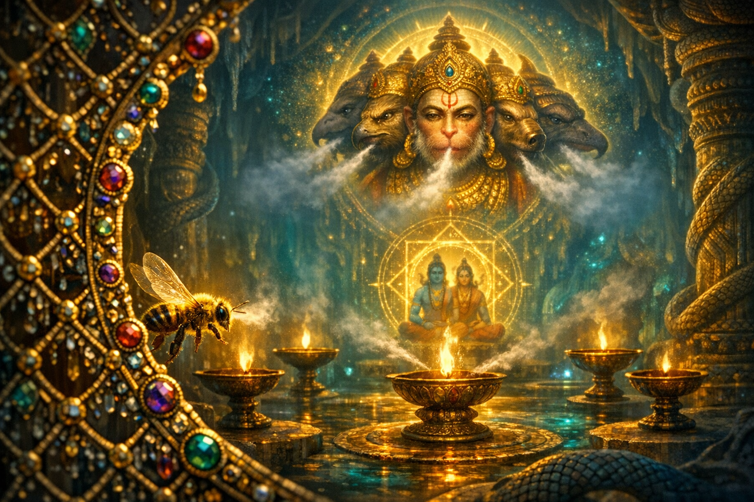 Ornate temple interior with glowing brass diyas and a jeweled lattice; a bee hovers as a golden yantra frames Rama and Sita beneath a five-faced Hanuman exhaling mist in sacred light.