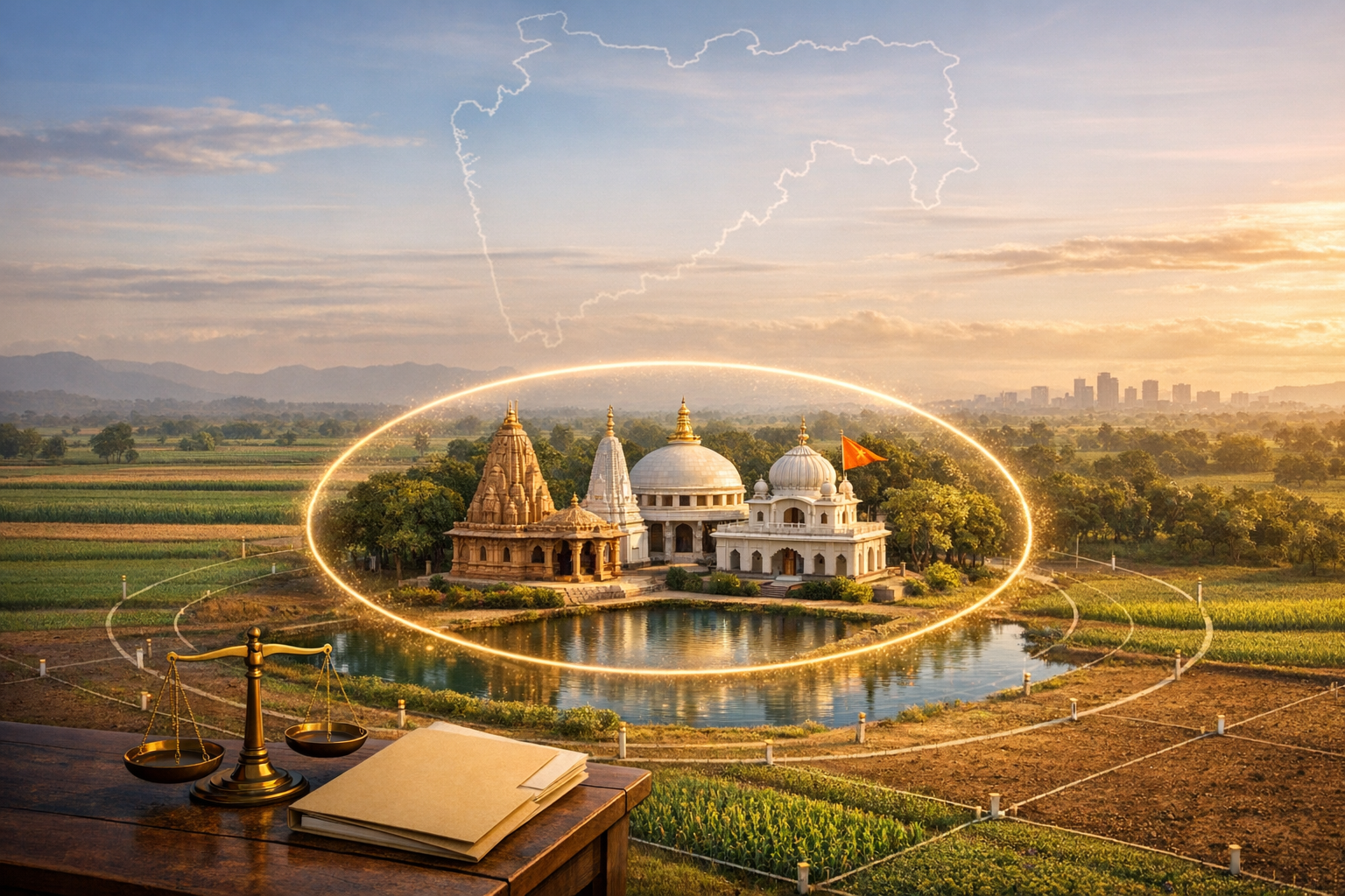 Legal scales and files on a desk face a rural Maharashtra scene: clustered temples by a pond ringed with a glowing buffer, patchwork farmland, a distant skyline, and the state's map outline above.