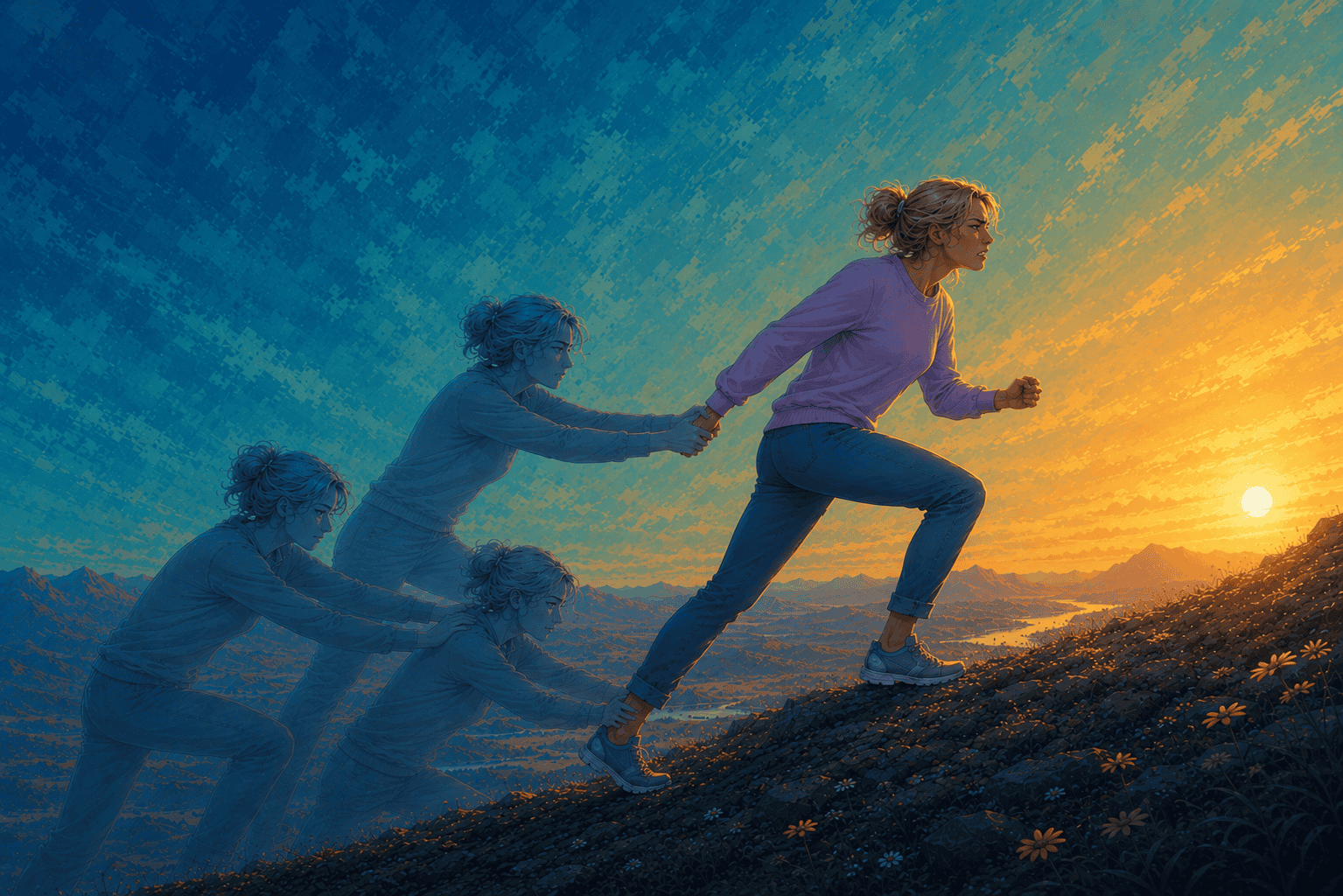 Illustration of a woman climbing a hill at sunrise as three translucent selves pull her back, symbolizing doubt, discomfort, overthinking, self-sabotage, and being stuck under a blue-to-gold sky.