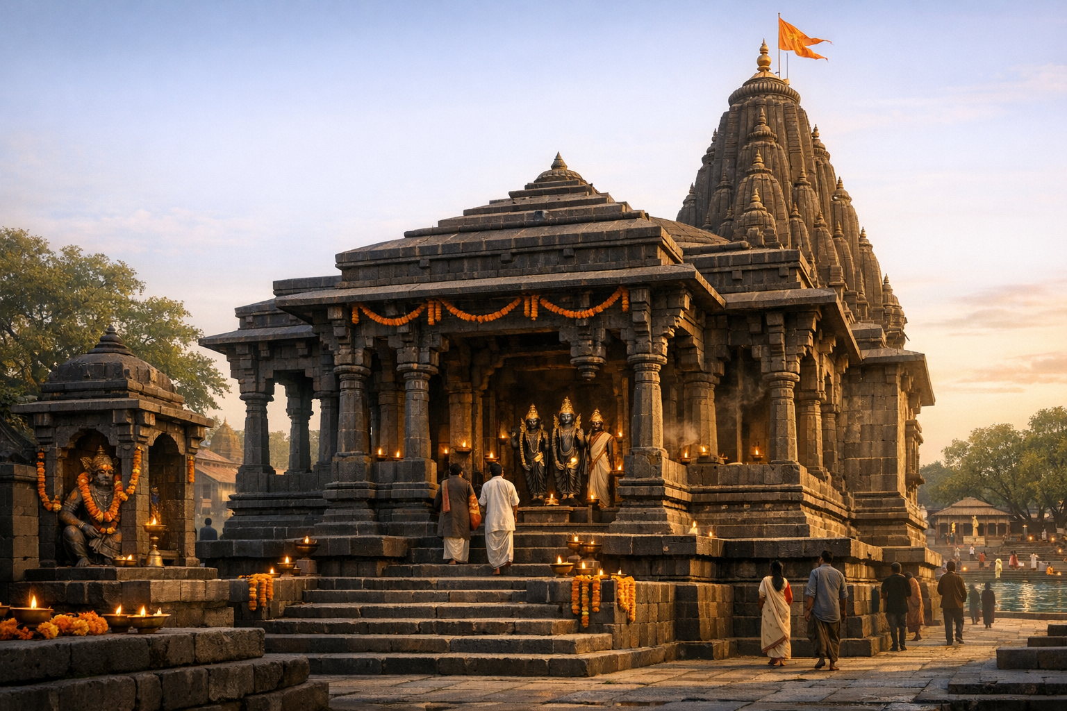 Stone Hindu temple at dusk with lit oil lamps, marigold garlands, and devotees climbing steps toward deity statues; a towering shikhara and sacred pond frame this travel and heritage scene.