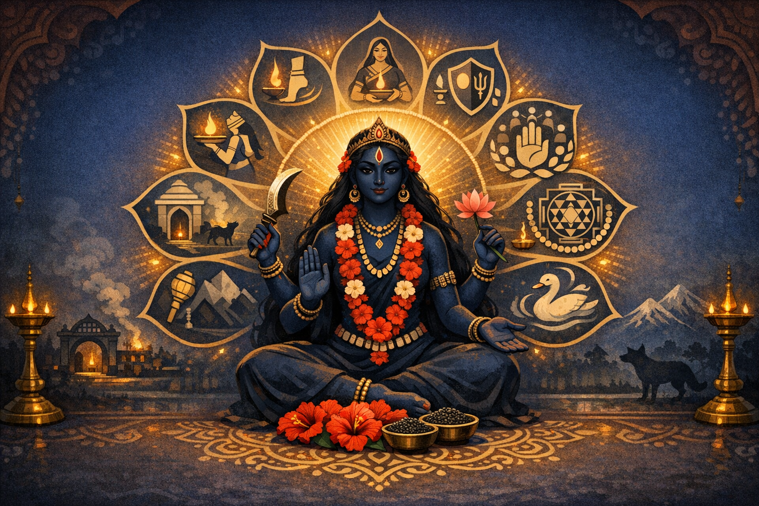 Blue-skinned four-armed goddess Kali sits cross-legged, holding a lotus and curved blade, haloed by a lotus mandala of ritual icons; hibiscus, lamps, lentil bowls, mountains, and jackals surround her.