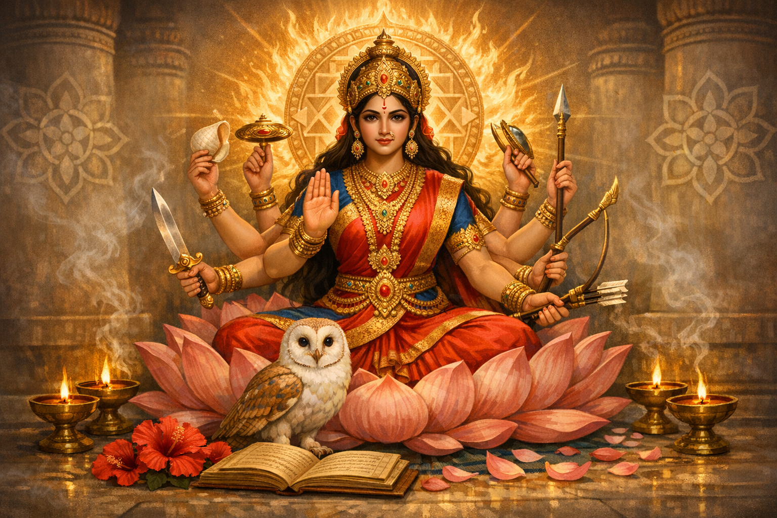 Multi-armed Hindu goddess on a pink lotus, haloed by a yantra, holding conch, discus, sword, spear, bow and arrows; an owl, open book, diyas, and hibiscus rest at her feet. {post.categories}