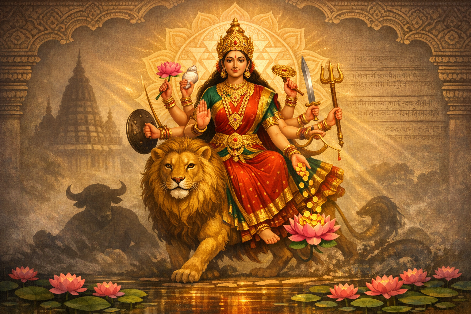 Vibrant artwork of a multi-armed Hindu goddess on a lion, haloed by a Sri Yantra, holding trident, sword, discus, lotus, and conch as coins spill into a lotus pond, with temple silhouettes in mist.